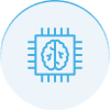 Icon of a brain inside computer circuitry in a blue circle