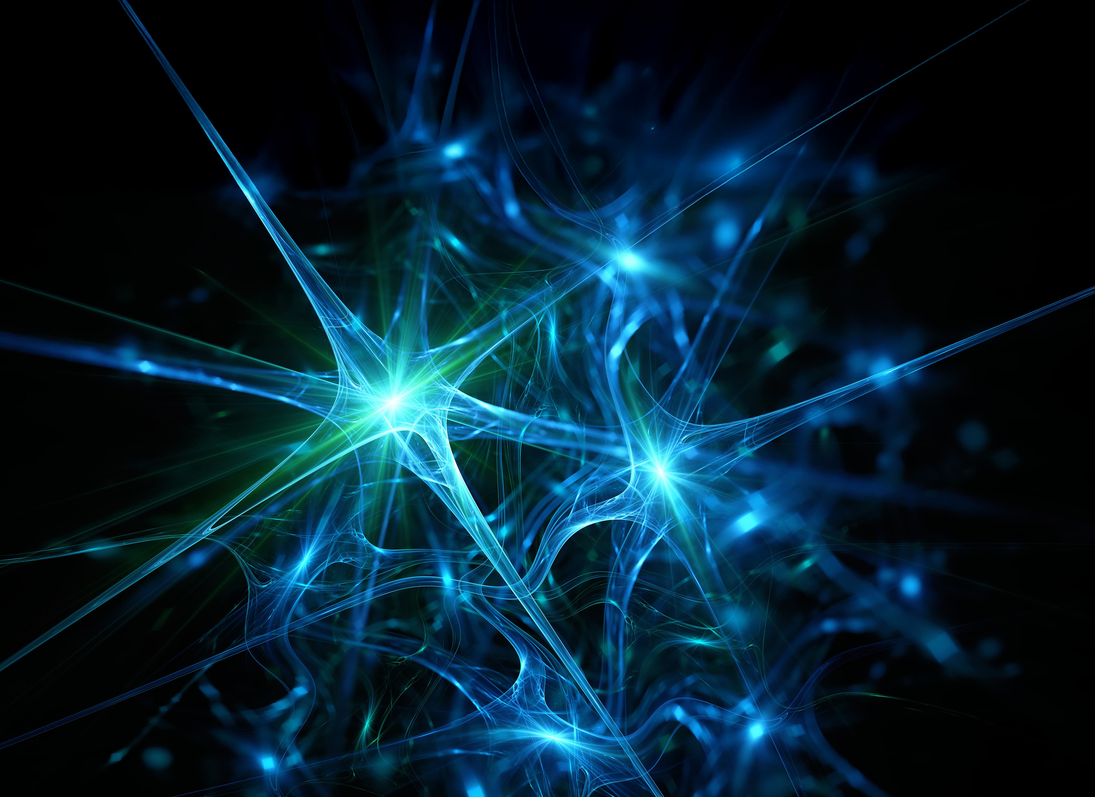Abstract image of interconnected blue and green glowing lines and nodes against a dark background, resembling a neural network or energy web.